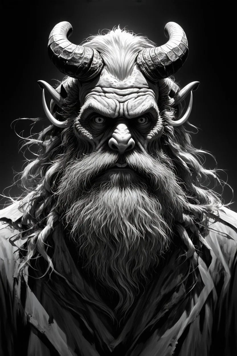 Monochromatic, highly detailed digital illustration featuring a fantastical creature with a humanoid face. The creature has a long, flowing beard and hair that appears wild and unkempt. It has a pair of large, curved horns protruding from its forehead and two smaller, tusk-like horns emerging from its cheeks. The skin is textured and appears rough, with a pale, almost ghostly complexion. The eyes are wide open, giving an intense and somewhat eerie expression. The background is a gradient of ligh