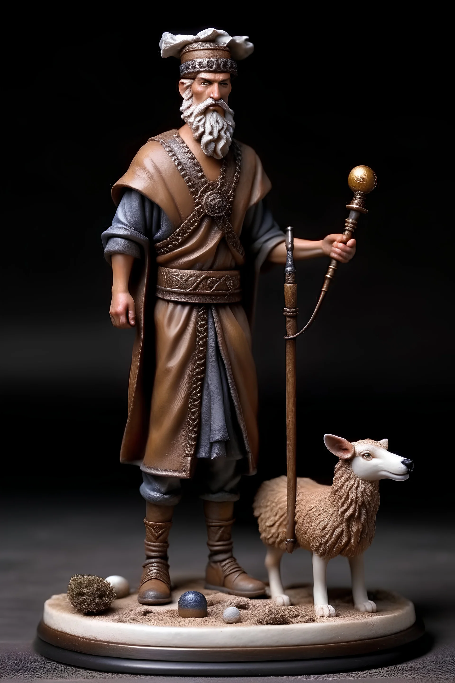 tabletop role-playing miniature of a shepherd wearing ancient minoan clothes in the style of moebius. full body. concept art hyperrealism