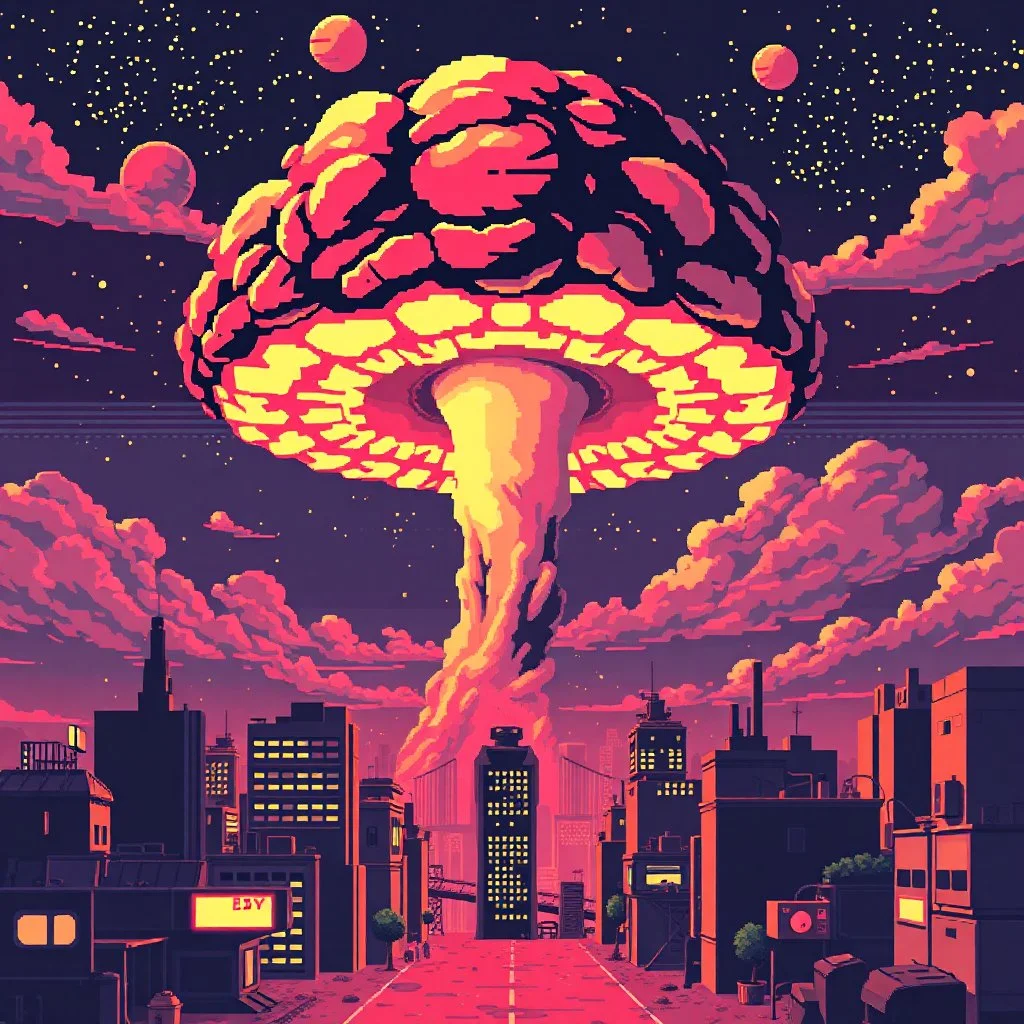 16 bit pixelart of a retro anime style, serius dark 1990s anime style, city, atomic mushroom cloud, synthwave