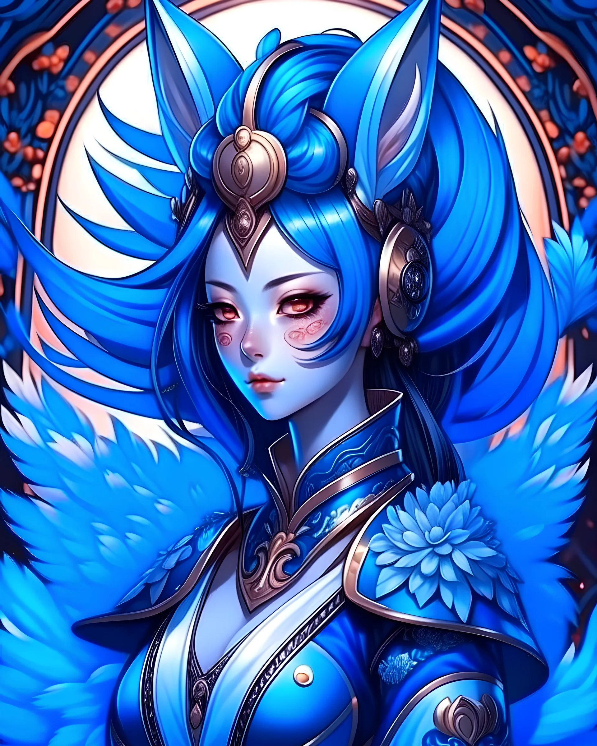 Create an ethereal. Kitsune, girl, dark blue hair and ears, fluffy ears, highly detailed, precise line work, samurai armor, big face