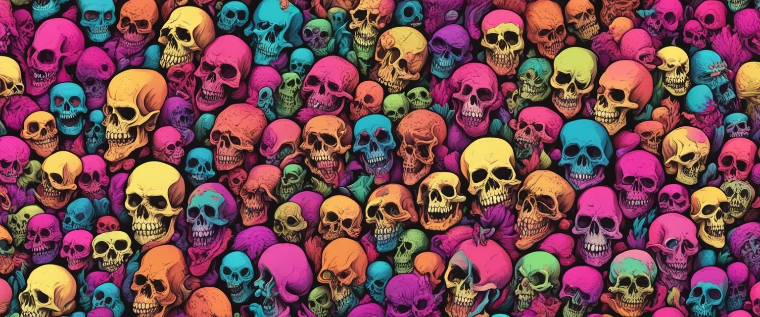 a field of 1000s of cartoonish, anatomically correct, skulls, vivid RANDOM BRIGHT neon colors, dark comedy, well lit, high detail, photorealistic, horrorcore, fun, scary, dead