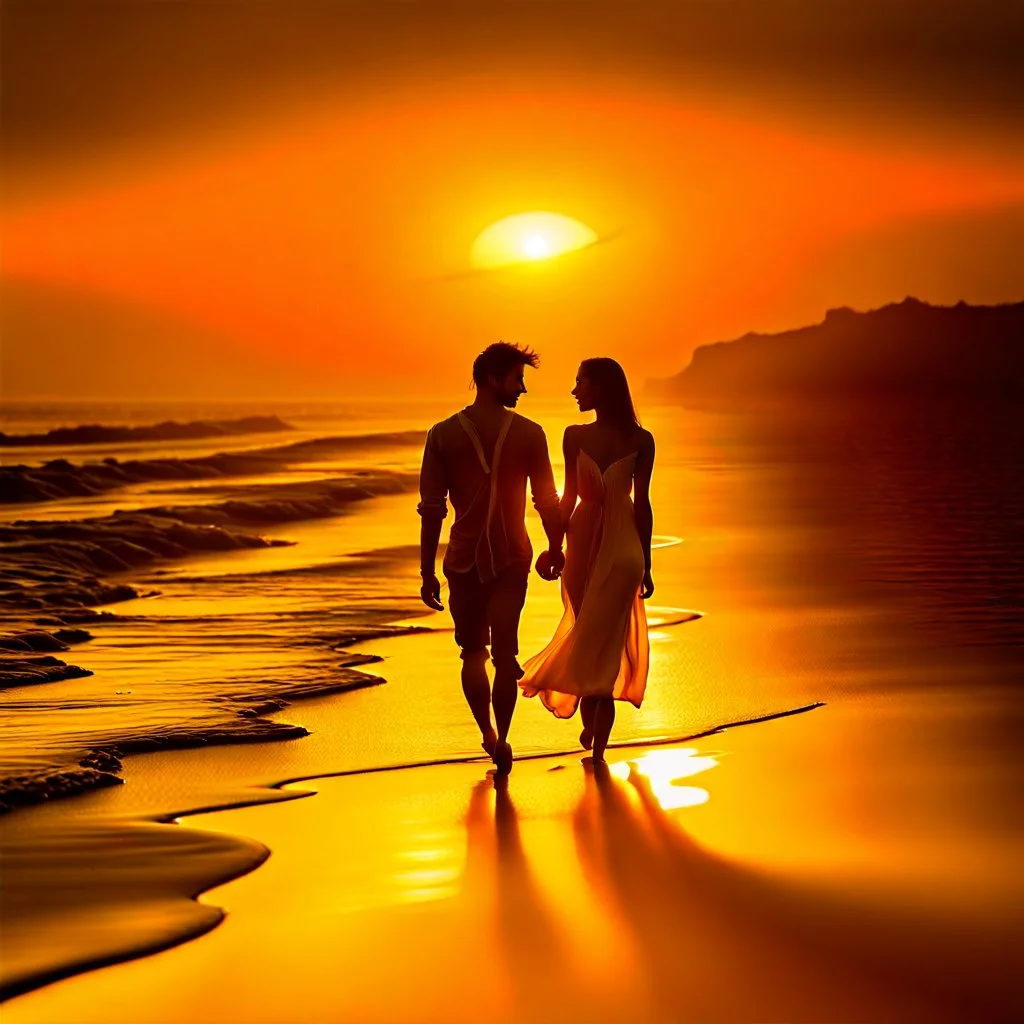 Amidst the beach's embrace, a youthful couple walks, love radiating effortlessly. Sunset's golden touch paints them, shadows intertwining. Her flowing dress mirrors the boundless sky, his gaze, pure devotion. Laughter mingles with waves, creating a symphony. A universe of affection resides in stolen glances, entwined fingers, smiles. Time pauses, their love the focal point. The world fades, leaving their profound connection aglow.