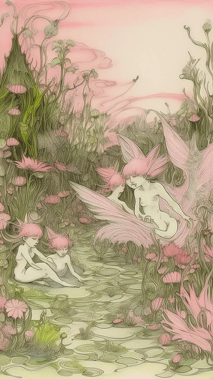 A pink realm with fairies in stylish ink drawing painted by Vincent van Gogh