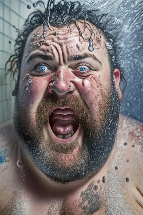 full figure shot photography of 43 years old wet sweat burly chubby very ugly italian plumber smiling under the shower , hands behind the head , manly chest , in white overalls, beard , wet, sweat, curly hairs, tattoo, big tights, photorealistic, Canon EOS, hyper-realistic, very detailed, drunk eyes, natural colours, sunlight, ambient occlusion, the light shines on wet skin