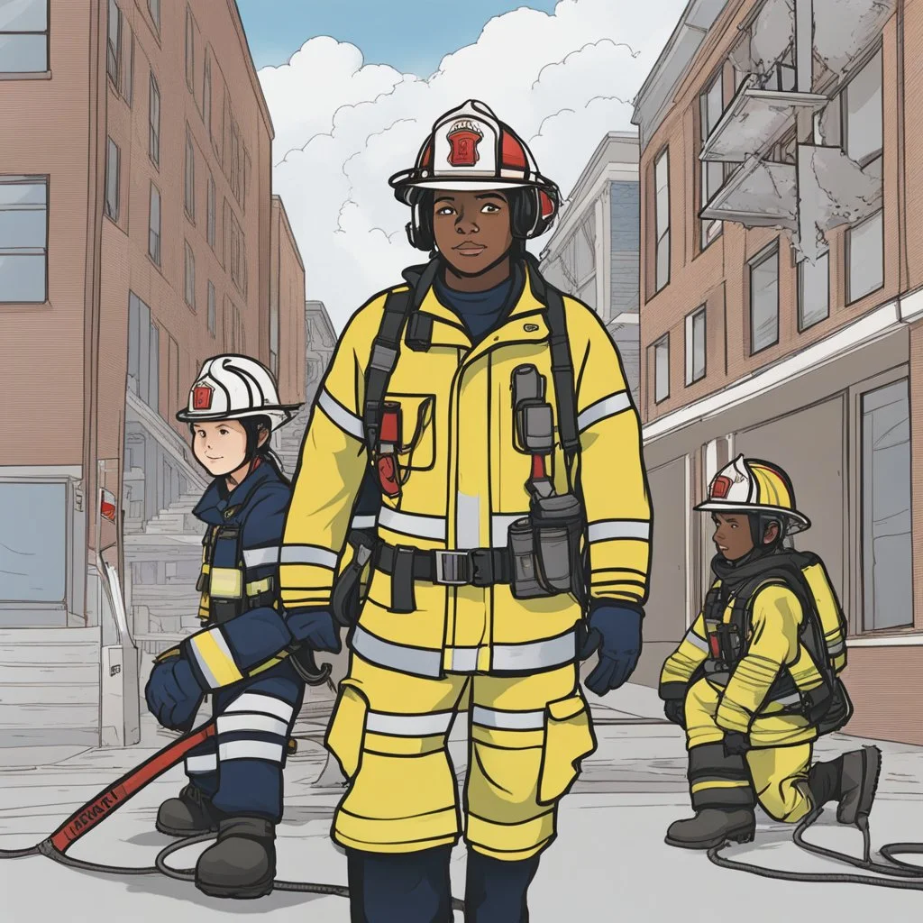 **Content Visual Art:** A graphic novel series featuring a diverse team of firefighters and safety experts, each specializing in different types of fires and safety equipment. The stories educate readers on fire prevention, emergency response, and the importance of inclusive safety measures. The series includes a companion audio description track and simplified visual versions for readers with different needs. **Appearance:** Content art ideas combine fire safety training, types of fires, equipm