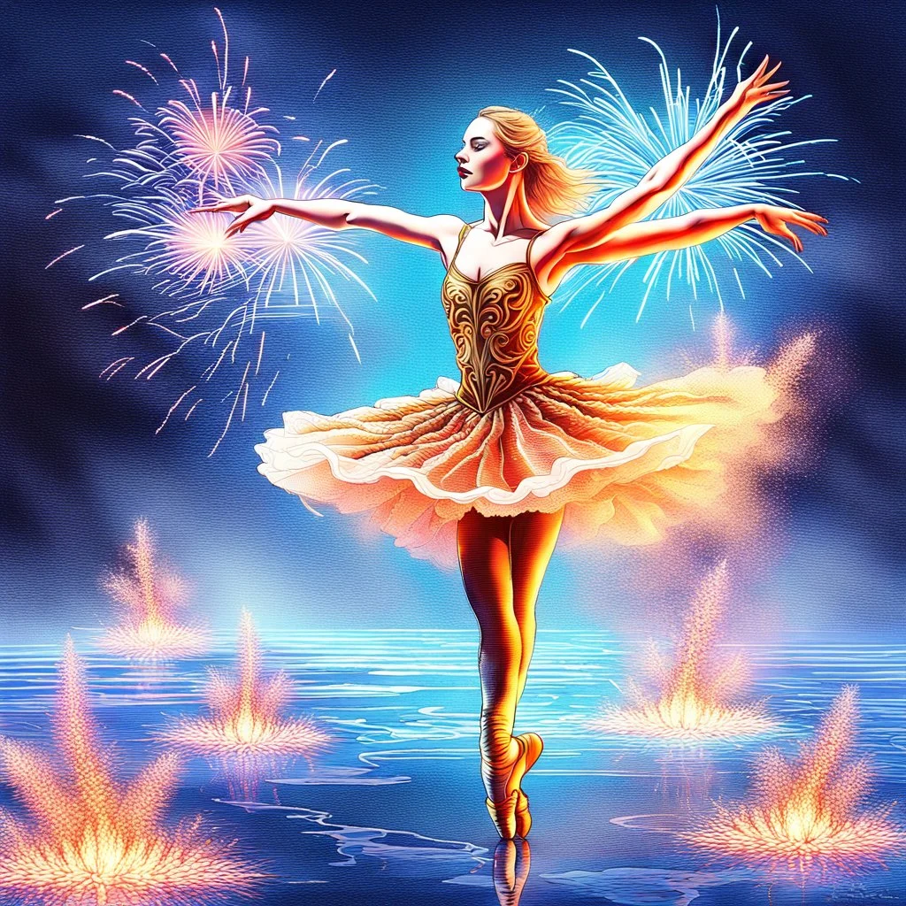 Blonde ballerina iwith blue eyes n gold embroidered dance clothes tiptoes on an ice surface, surrounded by smoke and fire rising from the ice surface and falling from the sky, with colorful fireworks in the background, breathtaking fantasy art, breathtaking digital art, stunning digital art. , dramatic fantasy art, surreal digital artwork , inspired by Liz Dharma, by Liz Dharma, magical realism and dark fantasy, trendy digital fantasy art, dark fantasy digital art, accurate and u