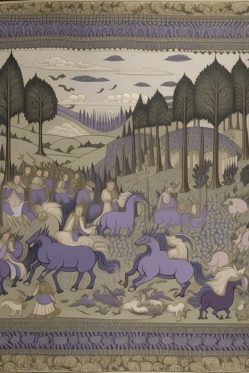 A grayish purple kingdom filled with animals designed in Bayeux tapestry painted by Giovanni Battista Sassi