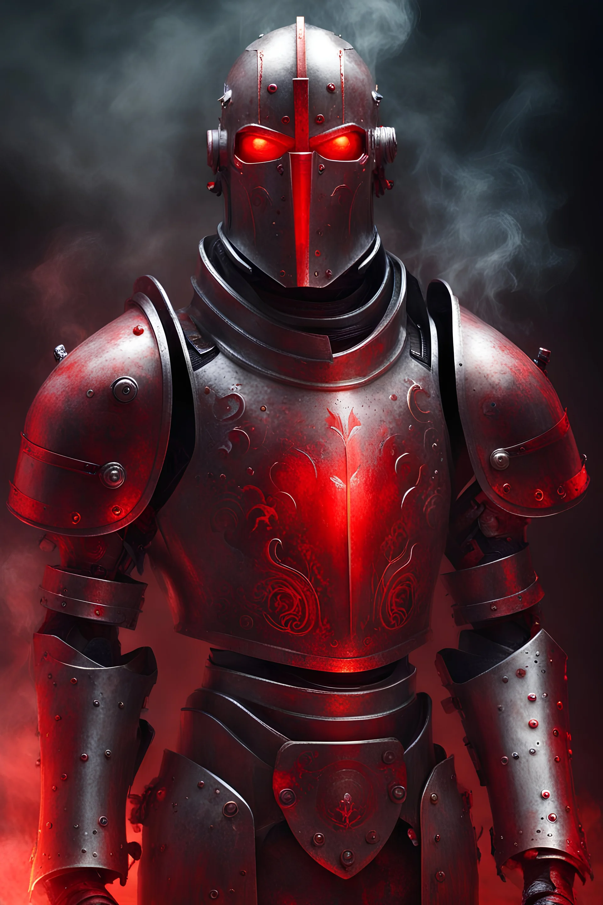 Automaton, warforged, medieval, full suit of armor, red glow from inside, exhaling smoke