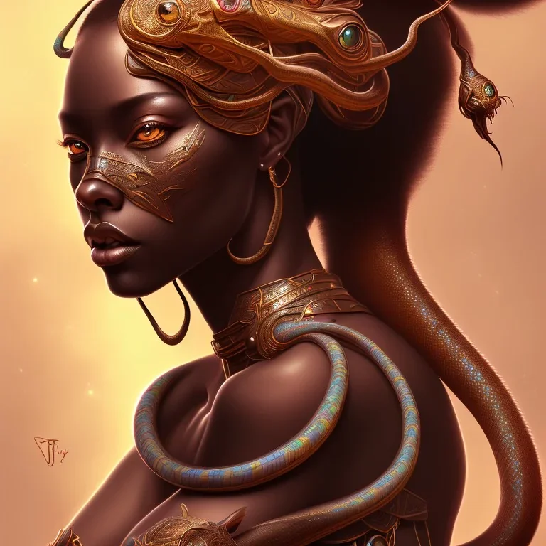 sango fantasy, fantasy magic, intricate, sharp focus, illustration, highly detailed, digital painting, concept art, matte, masterpiece snake head sexy lady body black African beauty space lady one tiger skin wearing African hair one head space background