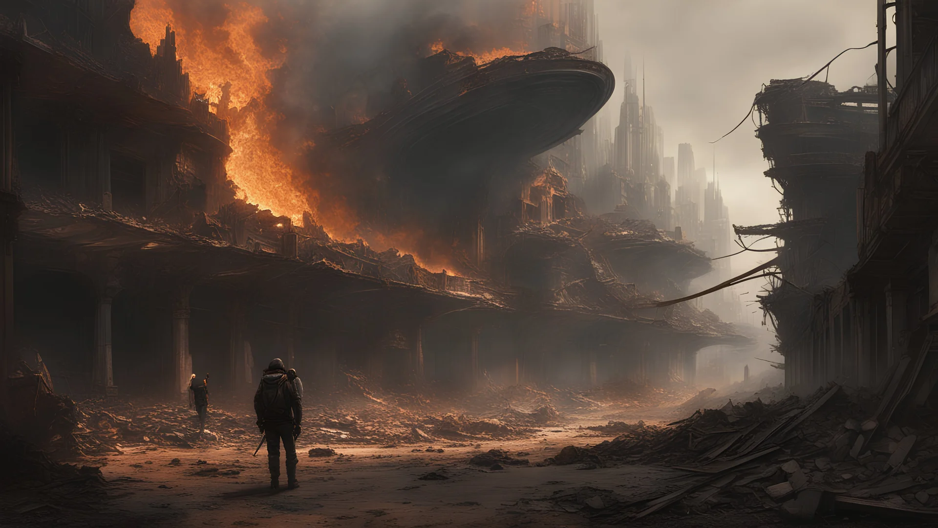 photorealism, hyperrealism sci-fi urban cityscape, (post-apocalyptic) ruined city (blazing in flames) with space-faring alien exploration warships that land on the ruins of the city