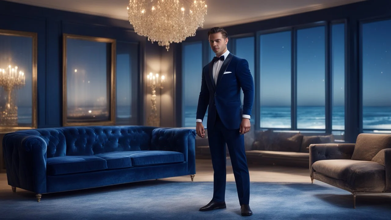 Hyper Realistic Handsome-Muscular-Man-with-little-smile Wearing Navy-Blue-Velvet-Tuxedo standing in a dark-room with blue-patterned-living-room-with-glass-windows-&-beach-view-at-night & water-splashes on the floor with fancy-navy-blue-couch-&-fancy-lamps-on-wall