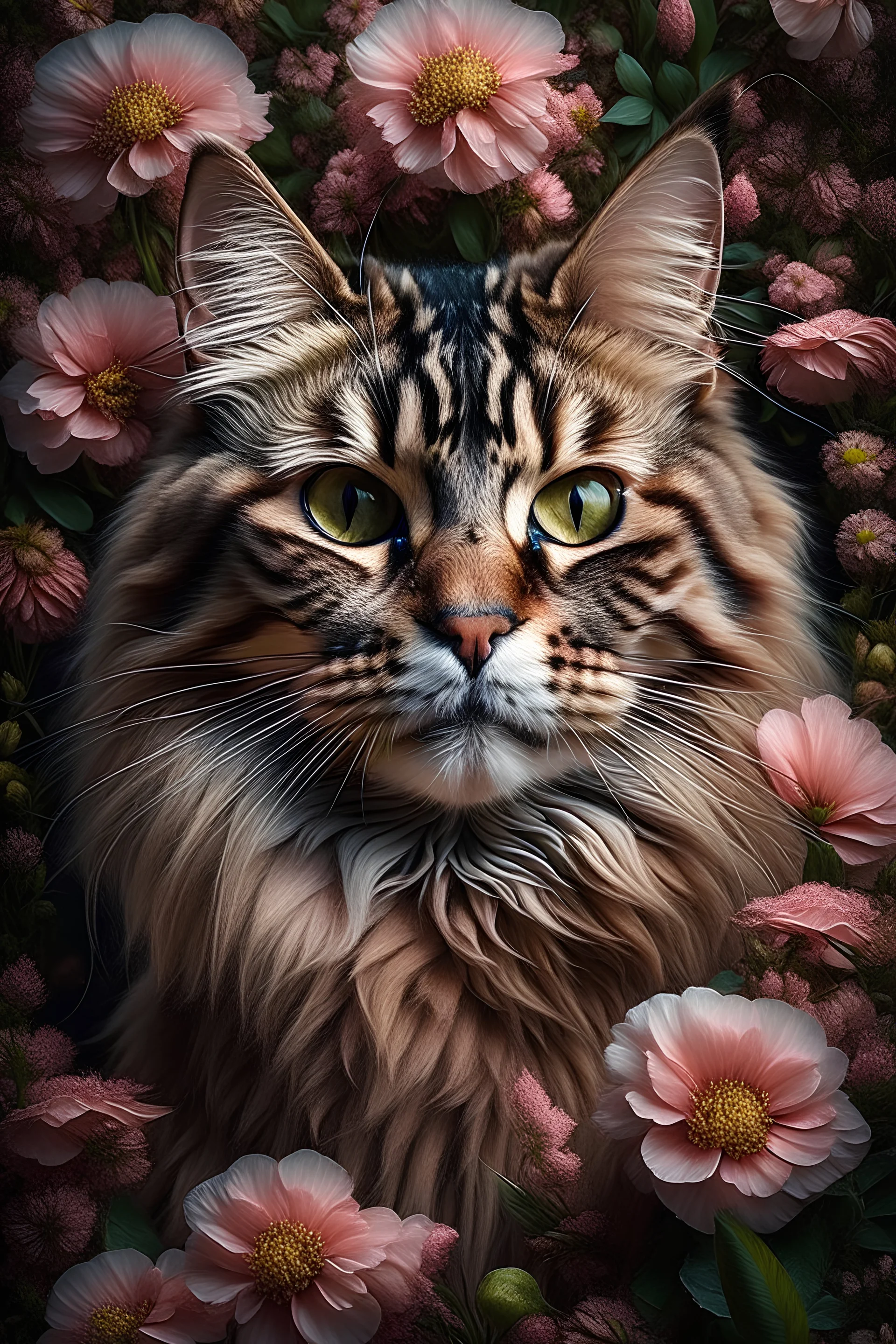 A hyper-realistic main coon surrounded by flowers by yana movchan