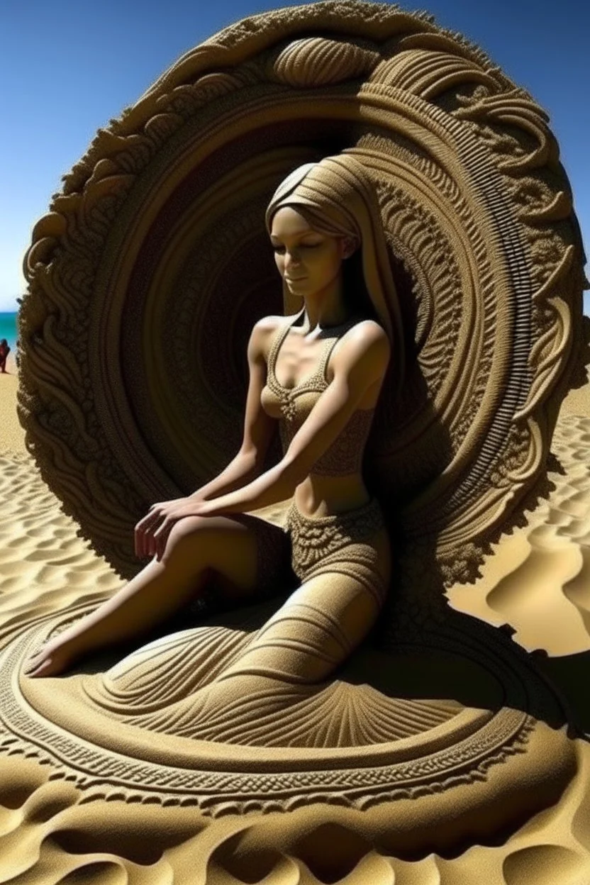 a hot woman , intricate sand art in a beach, sand sculpted,