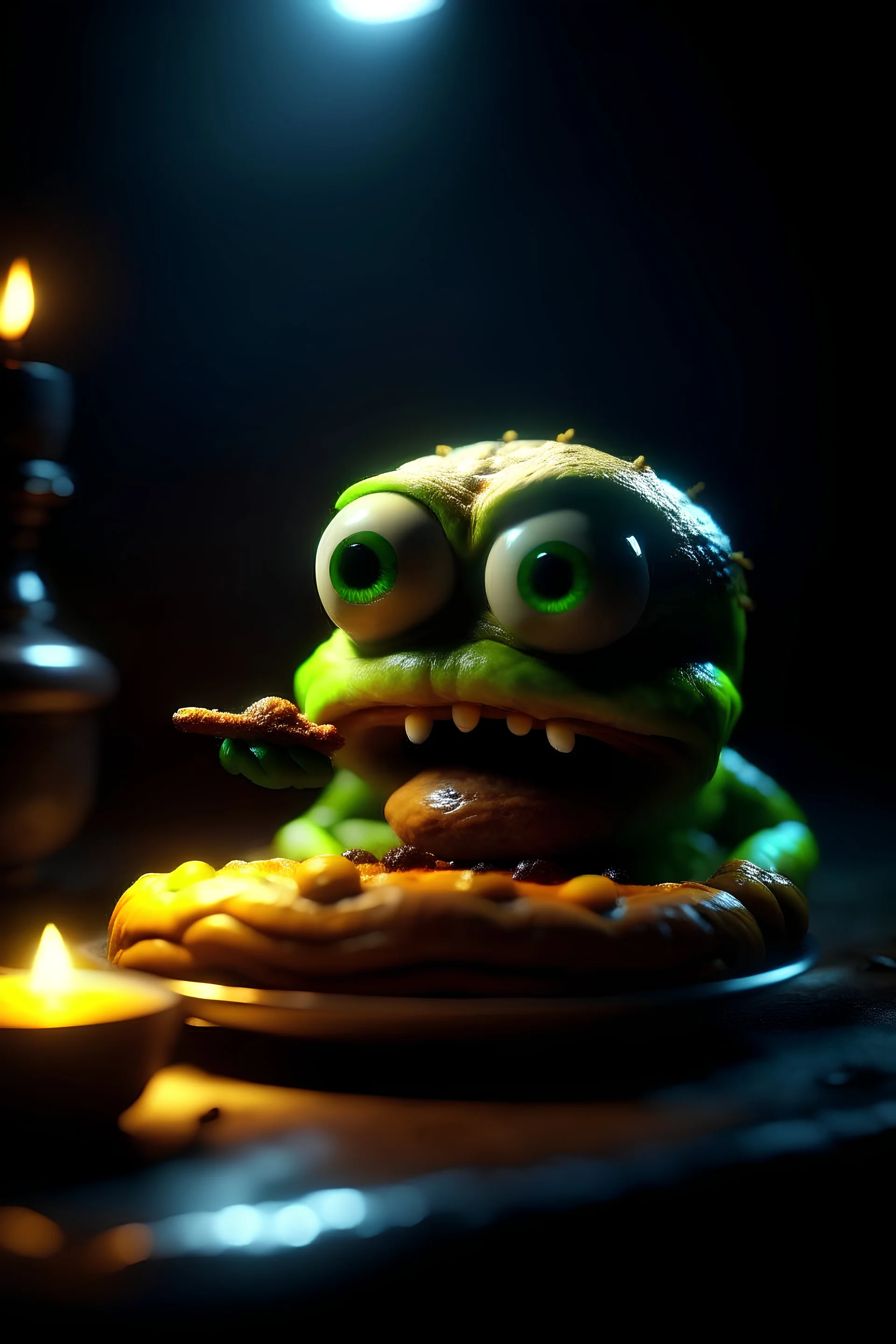 A alien cheeseburger creature eating itself, claymation, cinematic, moody lighting