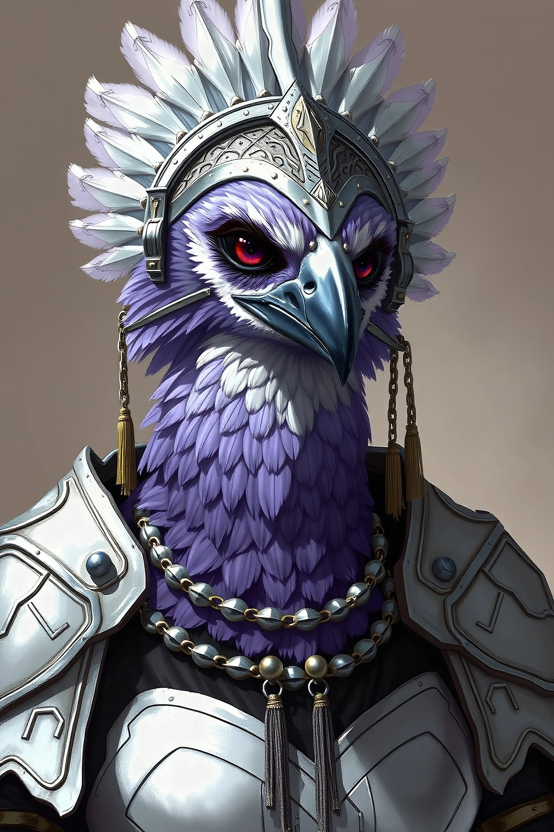 3/4 hips-up portrait of an aarakocra in typical d&d book artstyle. l Wearing ceremonial armor similar in design to ceremonial armor from the Old Republic MMO, but silver. She has desaturated, light purple feathers with black around the eyes and white under her beak and through her neck. Wearing a large silver semi-circular headdress, and medium-length chain tassels . Has a sharp black beak, and wears a regal expression.