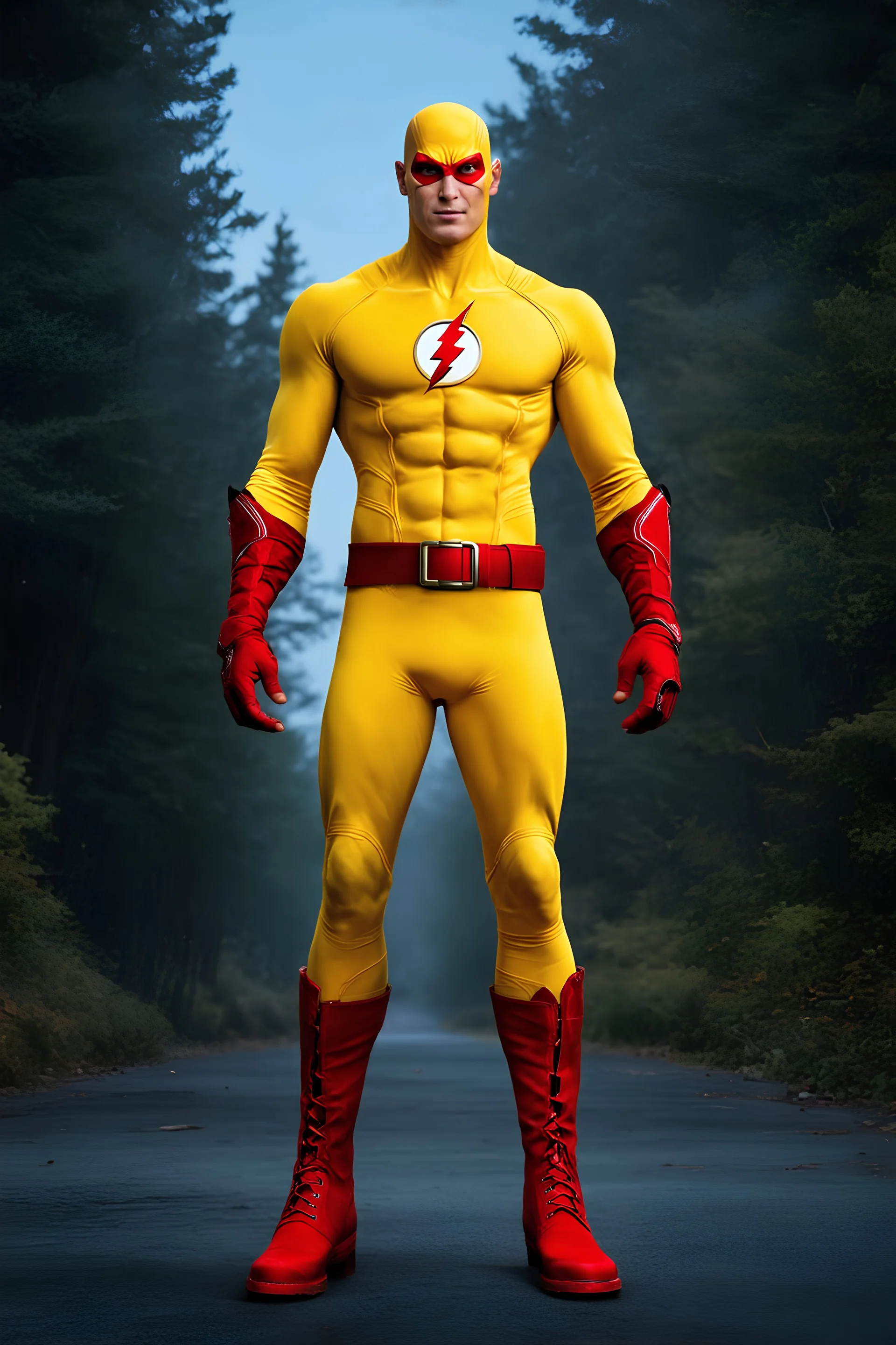 the Reverse Flash with yellow Flash suit, red boots, red belt, red wrist gauntlets, reversed red and black chest logo, extremely exaggerated muscular stature, posing for the cameras, Professional Quality 35mm Photograph, 4k UHD, hyper-realistic, Photorealistic, extremely detailed, High resolution