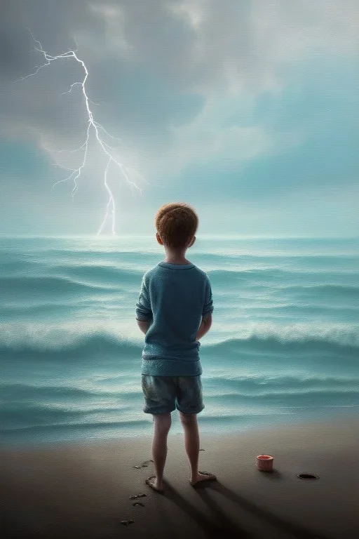 photorealistic painting of young boy looking out to sea, old man dead on sand behind, dark clouds overhead, lightning, shopping trolley on side, dusk