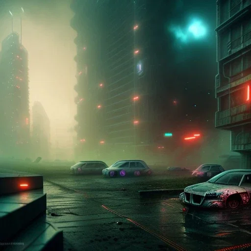 dead city, future, cyberpunk, robots, strange person, 8k, HDR