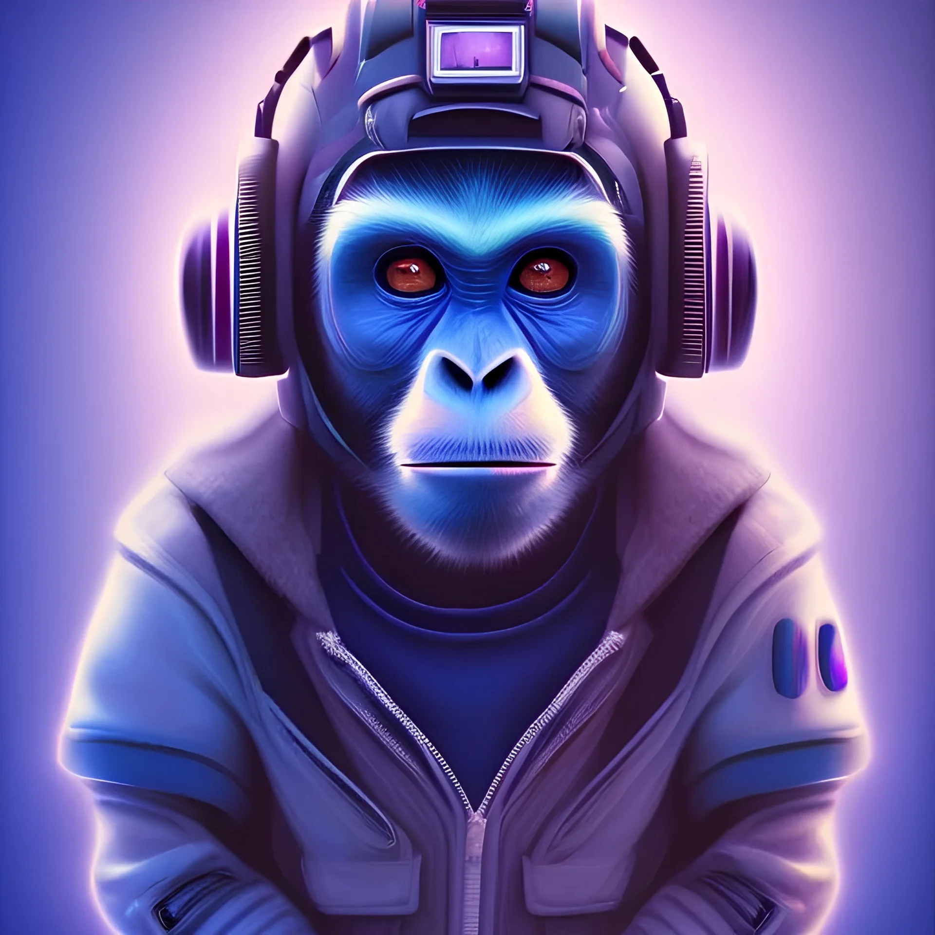 A beautiful portrait of a cute cyberpunk monkey purple blue color scheme, high key lighting, volumetric light