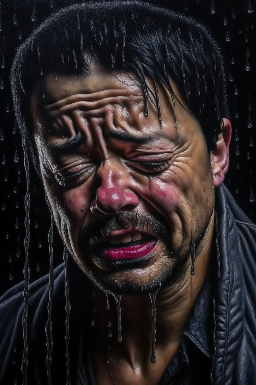 a man crying in rain oil painting