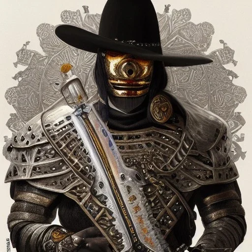 Full body portrait,"Insanely detailed photograph of an armored mariachi warrior with sword held high", intricate charo,detailed Sombrero, intricate D20 buttons, digital painting, artstation, concept art, smooth, sharp focus, illustration, art by artgerm and greg rutkowski and alphonse mucha, 8 k