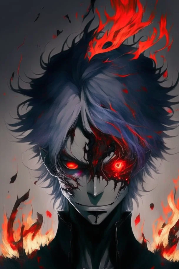 Anime with wight hair and black clothes and power fire and eyes of sharengan and cool face and blood in face