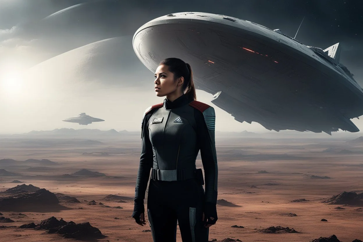 a female Starfleet cadet stands amidst a desolate landscape beside a starship. Her torn jacket uniform billows in the wind, a symbol of resilience in the face of adversity. Horror is etched across her face as she gazes towards the distant horizon, where a monstrous entity looms ominously, a nightmare given form in the vast expanse of space. The starship's hull gleams under the gentle light of distant stars, a beacon of hope shining amidst the desolation of the alien world. The cadet's heart race