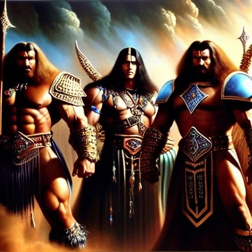 portrait oil on canvas, giants, the sons of Anak,with armor, mystical colors,insanely detailed,realistic,intrincate detail, 16k resolution, masterpiece,Simon Bisley,Frank Frazetta, Alex Horley,Tze Kun Chin,ARTHUR ADAMS