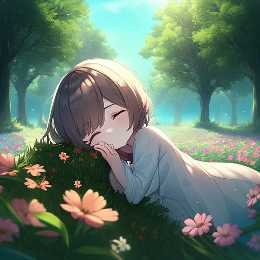 anime girl sleeping in a field of flowers, under a weeping willow tree, with a btterfly on her nose