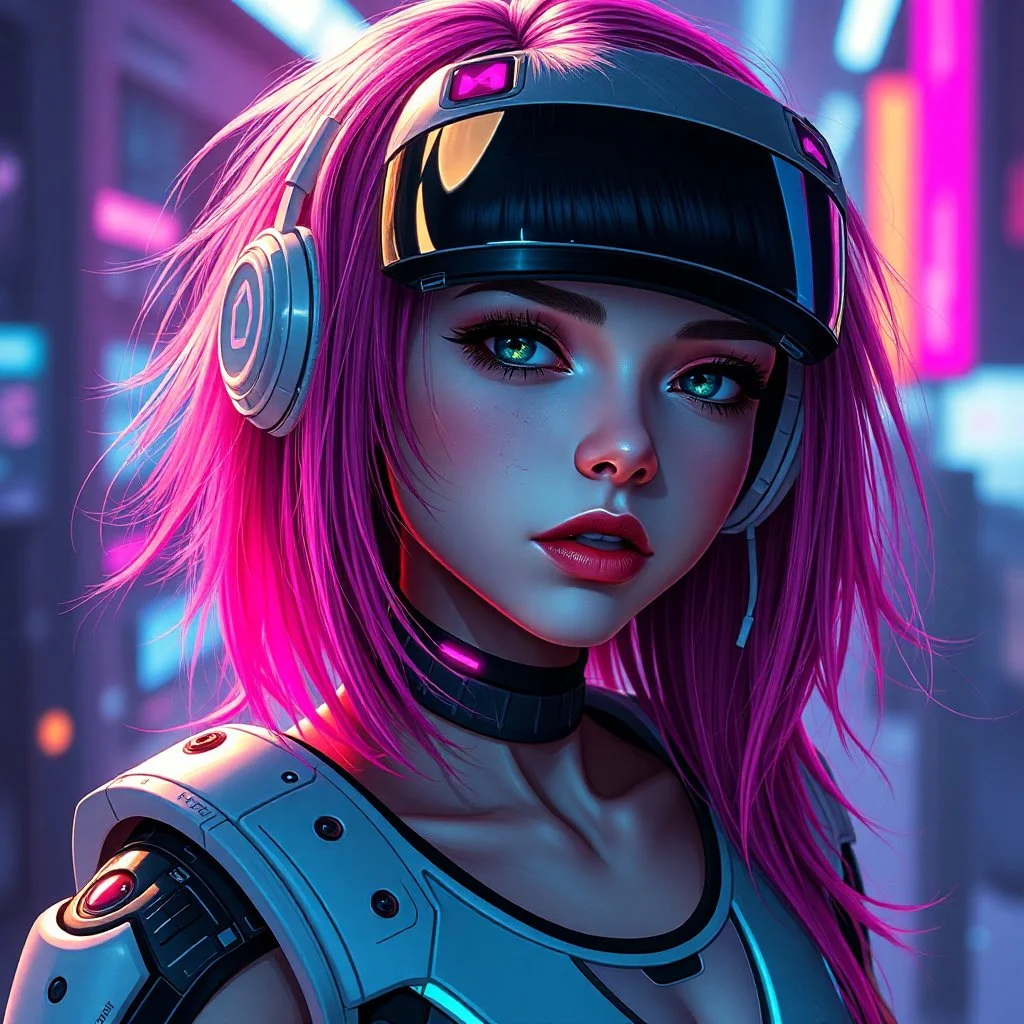 a pretty cyberpunk girl, bright hair, futuristic, dystopia, cyborg, android, robot