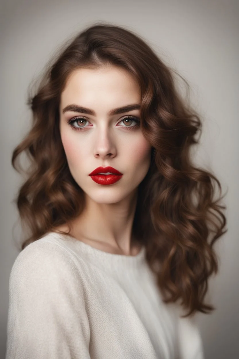 a portrait of a girl with brown hair and large brown eyes and very big red lips in her 20s