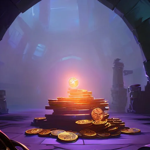 dynamic lighting, Intricately detailed, Splash screen art, deep color, Unreal Engine, volumetric lighting, silver coins, pile of coins, pirate treasure, stacked coins, cave, dungeon,