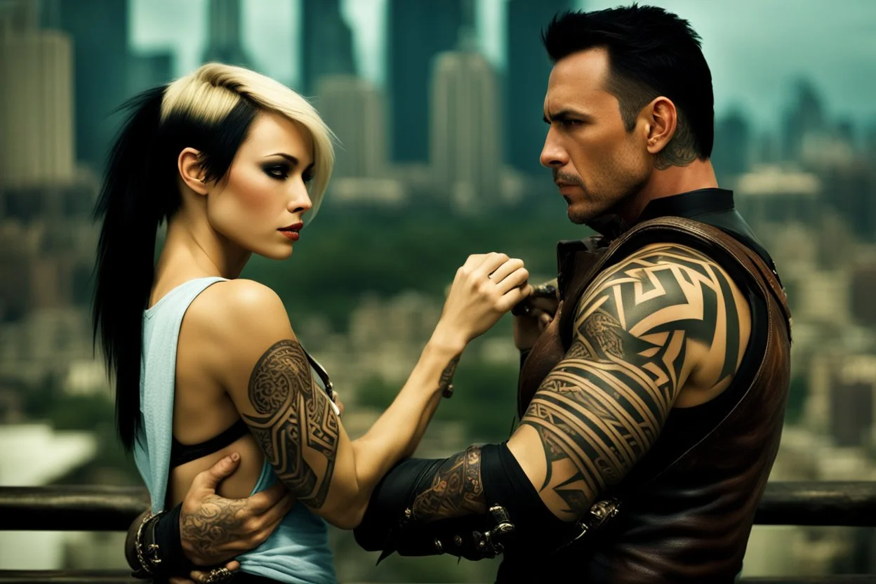 Jason David Frank short dark hair with tribal tattoos hugging pretty blonde shorthaired girl, photo realistic, dark fantasy, cityscape