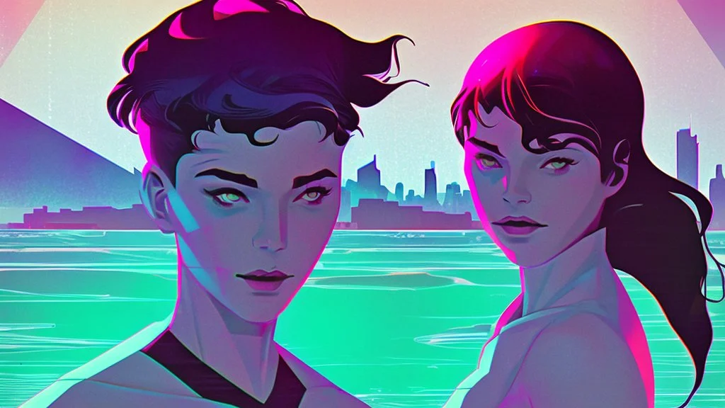 synth-wave beach & city, lone girl, iconic:1.8), comic style