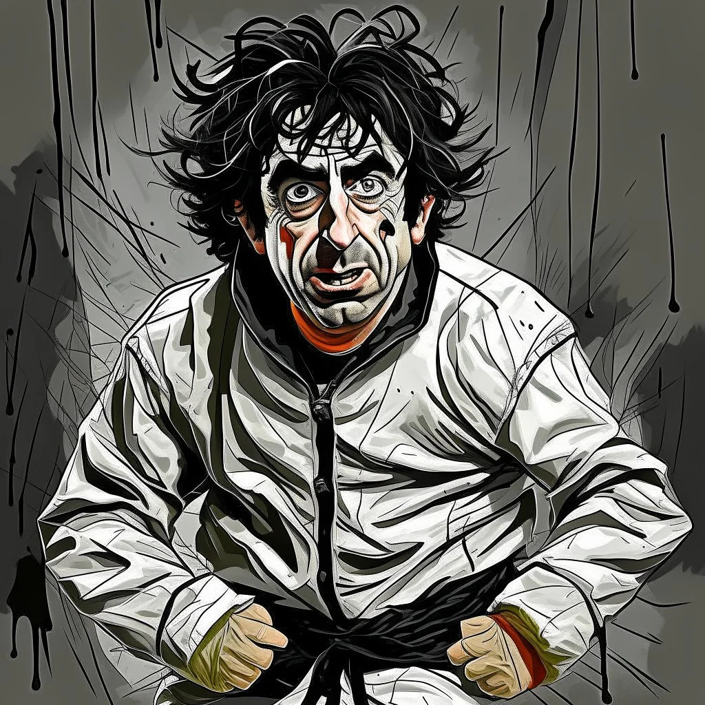 crazy man with black hair in straightjacket digital art