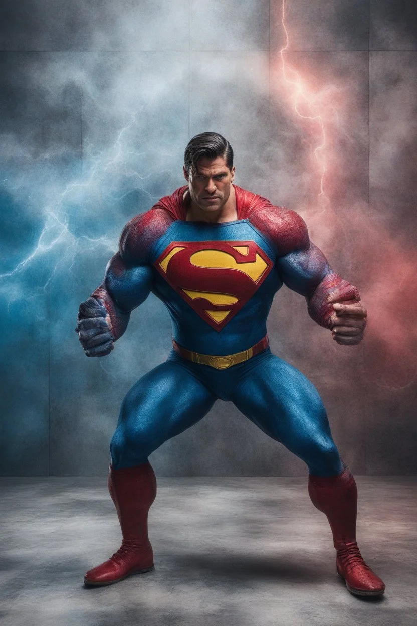 Superman, extremely huge, overexaggerated muscles, posing and flexing in a front of the camera, random extreme action poses, an extremely colorful, multicolored foggy blue marble wall in the background with a colorful marble tile floor, multicolored lightning, realism engine,