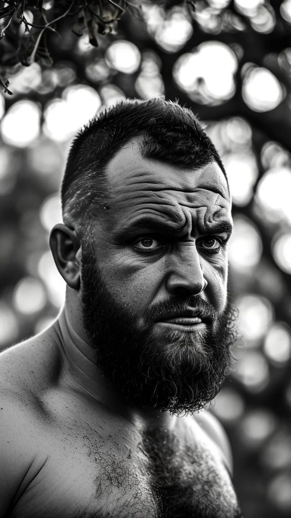 back portrait photography of a marocan ugly angry dirty burly stocky chubby farmer 31 years old, bullneck, strong arms, big belly, very sweat, long beard, very angry, angry eyes, near an olive tree , in the Italian countryside , September sun, ambient occlusion, DSLR, cinematic shot, hyper detailed photography, photorealistic, 50mm lens , strong side light, back view