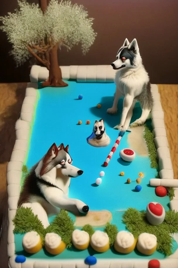 Birthday cake topped with a pool table, apricot tree and a husky dog