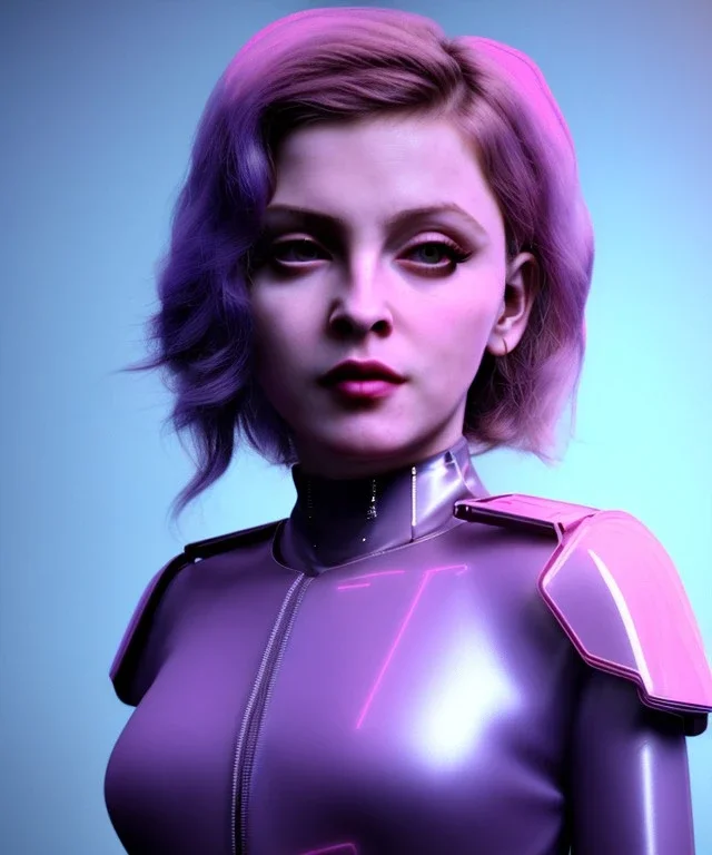 Artist, young madonna, android woman, sweet, clean skin, eyeliner, short hair, circuits, ghost in the shell, latex coat, feather, cyber punk, neon, bamboo, blood, portrait, studio photo, unreal engine 5, soft color, 16 bit, god lights, ray tracing, RTX, lumen lighting, ultra deatail, volumetric lighting, 3d, finely drawn, hd.