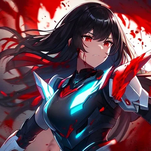 Clear Focus, High resolution, black hair, girl, red eyes, power armor,blood splatter, injuries