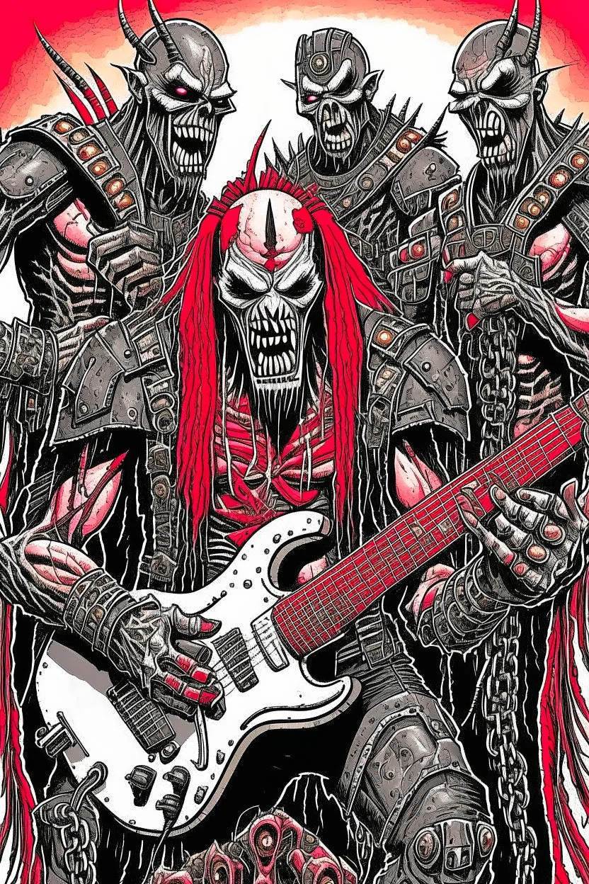 A hard rock band made up of Terminators play a song in front of the devil, and the devil holds his ears because it's too loud.