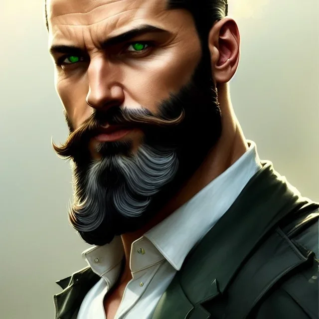 "MIddle aged white human male, with a trimmed but uneven beard, piercing green eyes with slick back hair, complete head and shoulders portrait, 8k resolution concept art portrait by Greg Rutkowski, Artgerm, WLOP, Alphonse Mucha dynamic lighting hyperdetailed intricately detailed Splash art trending on Artstation triadic colors Unreal Engine 5 volumetric lighting Splash art fantasy"