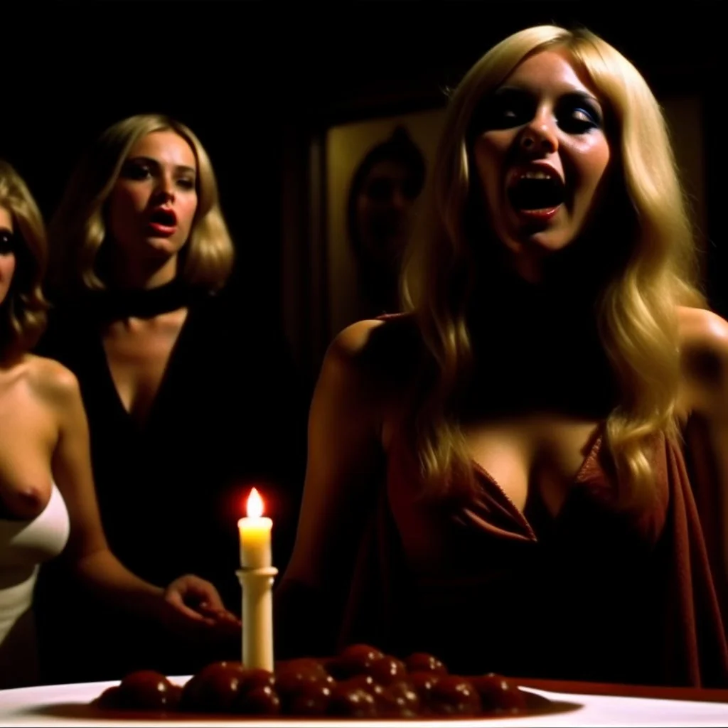 Horror movie shot, spooky, hot, ultra realistic, dine, chaos, black, ultra realistic hot blonde women, party, pieces of meat, organs, ail, dynamic, very excited people, hypermaximalist figures, light, 1970's Italian horror movie, sinister,, Dario Argento, Stanley Kubrik, ornate, 4k, photorealism