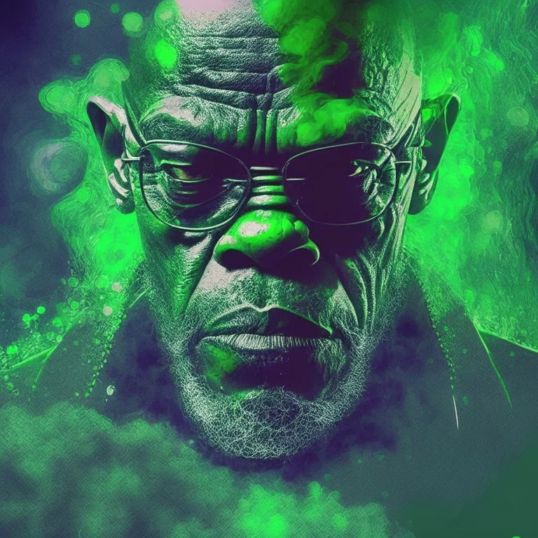 Yung Samuel l jackson, mutando en un alienigena skrull, depresive green abstract digital art obscure smoke london dramatic, torbellino de oscuridad, en un estilo de arte lisergico experimental abstracto de poco detalle