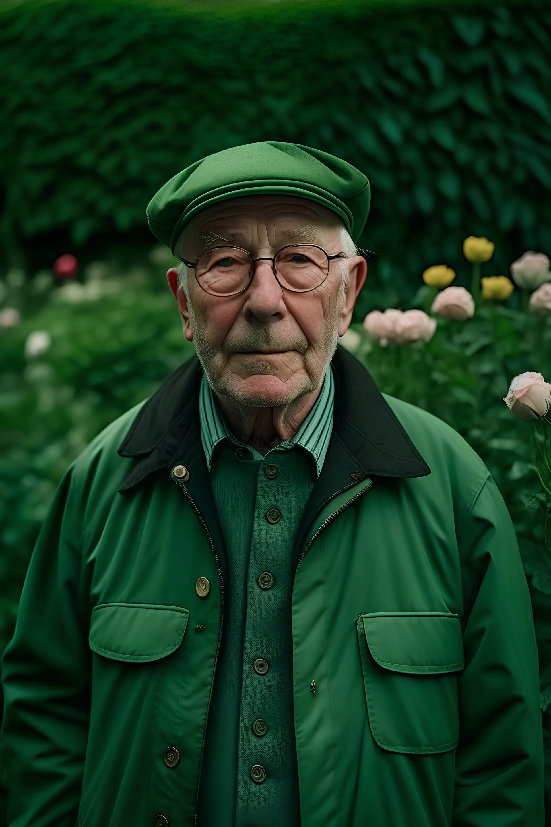 Un retrato de un anciano con un sobretodo verde y lentes de marco grueso en un jardín de rosas