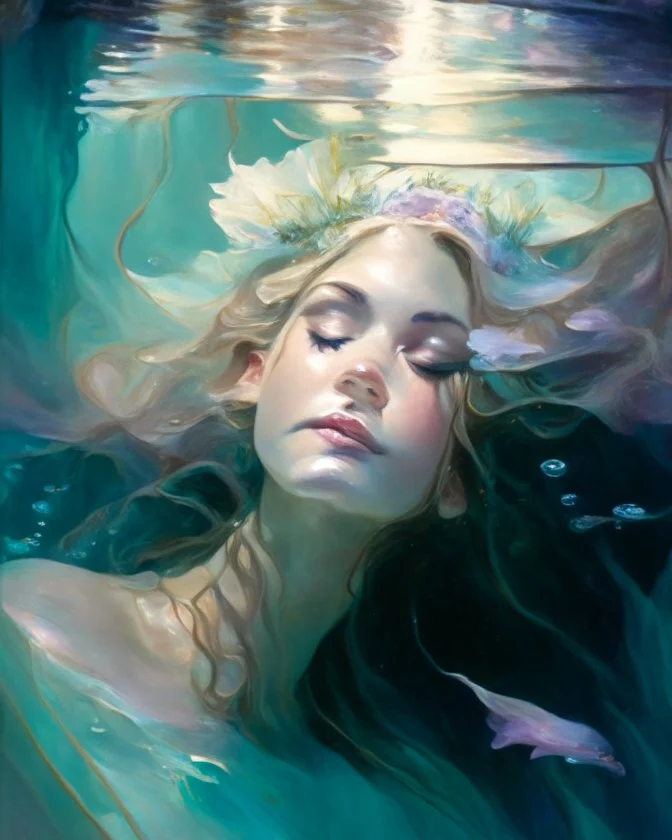 An ethereal, impressionist-style portrait of a queen submerged in water, using soft, fluid brushstrokes and a dreamy color palette to convey the weightlessness and tranquility of being underwater.