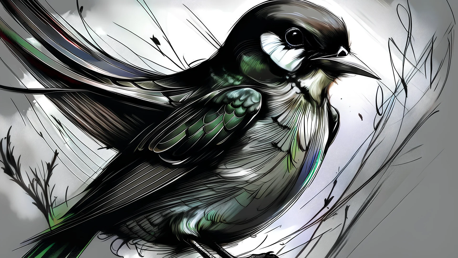 Barn swallow, skeetch, cool drawing, black and white, gritty, complete