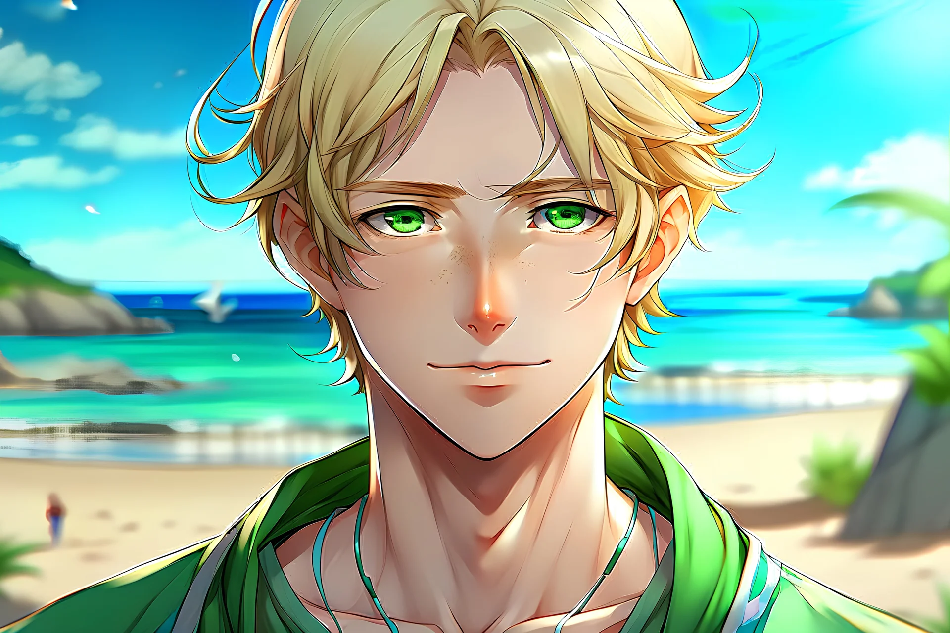 The handsome and perfect portrait is on Spruce Street, anime, blonde-haired and green-eyed male character on the beach for the magazine, 8K resolution, high quality, ultra graphics, and detailed with lines.