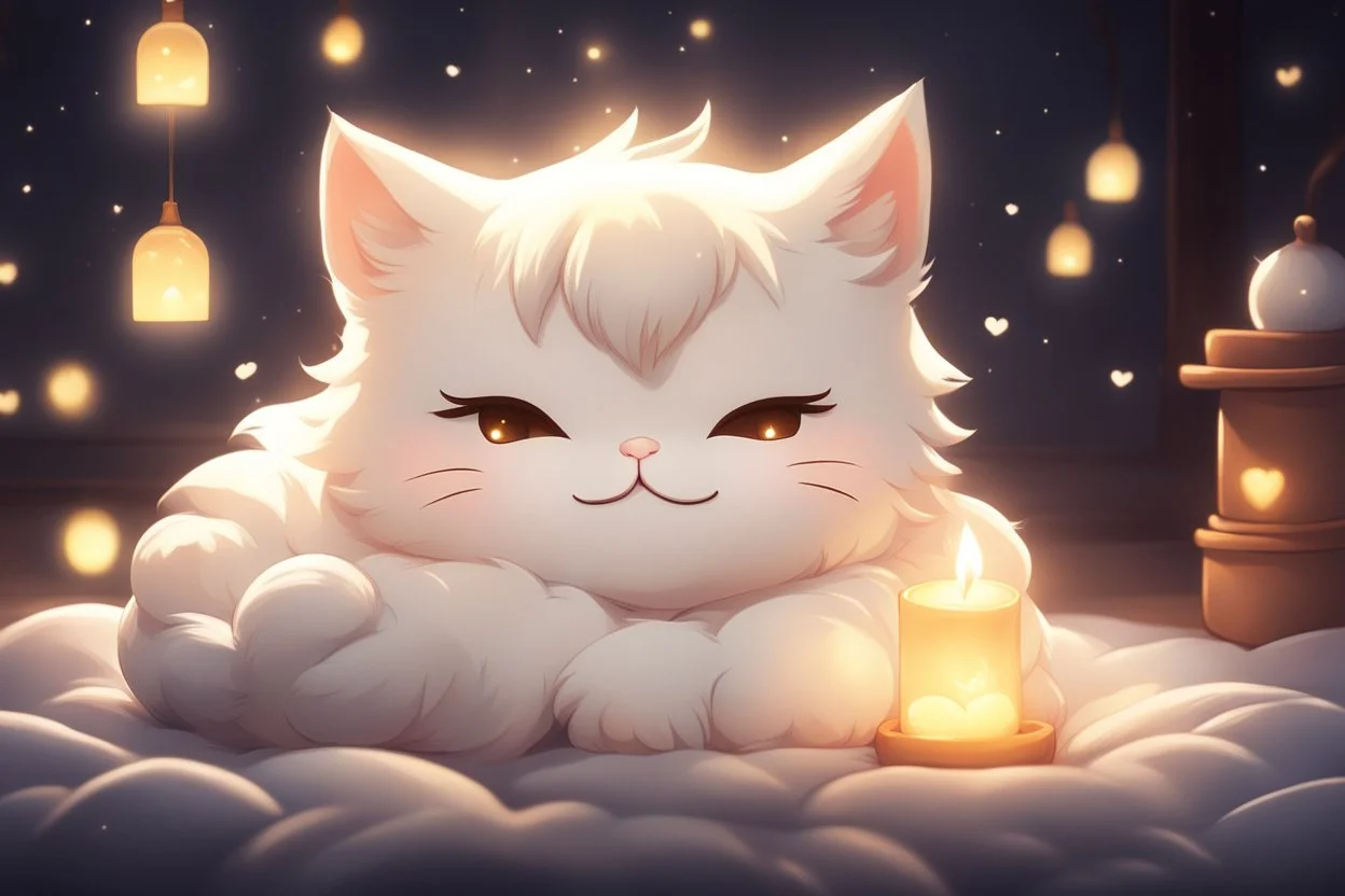 cute anime chibi cat sleeping in a dark room in candlelight Weight:1 heavenly sunshine beams divine bright soft focus holy in the clouds Weight:0.9