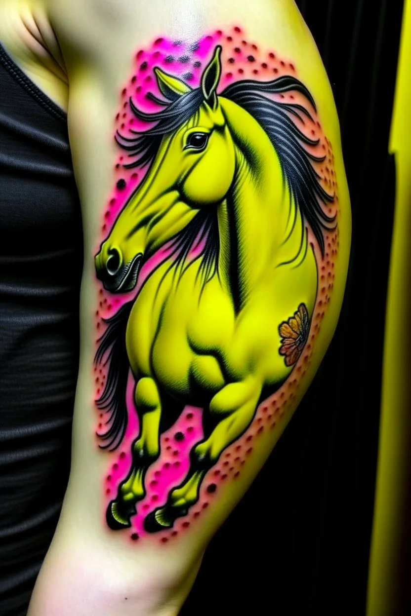 Yellow cockatrice with a horse tattoo